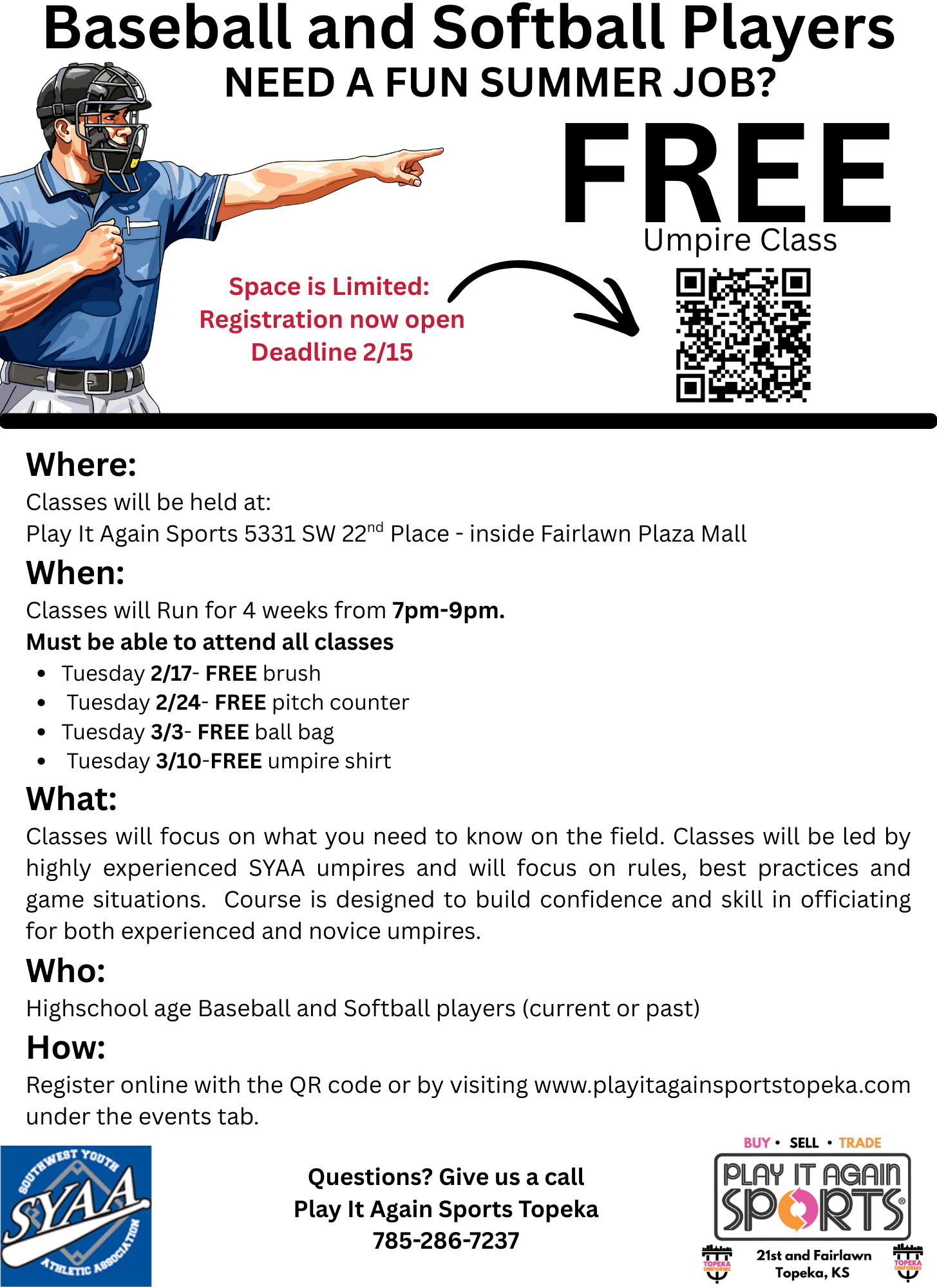 FREE Baseball and Softball Umpire Class - Starting Tuesday, February 17th-- Space is Limited